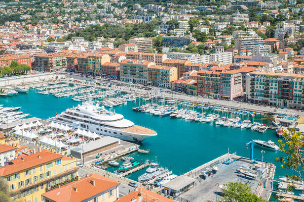 Aerial View on Port of Nice and Luxury Yachts, French Riviera, France