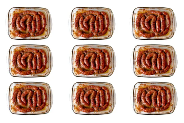 Baked Glass Dishes Oven Pork Sausages Tomato Sauce — Stock Photo, Image