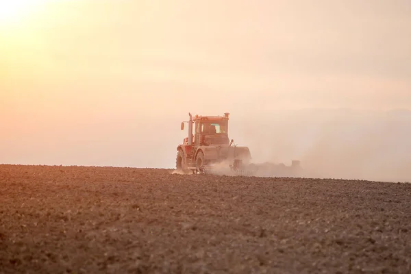 Traktor Mezőn Szántja Földet — Stock Fotó