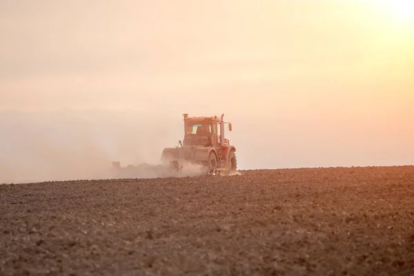 Traktor Mezőn Szántja Földet — Stock Fotó