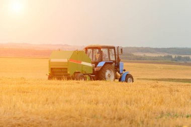 Traktör tarlasında saman rulosu üretimi