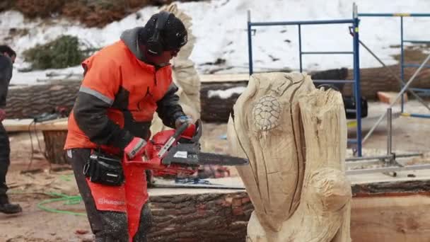 Man Woodcarving Chainsaw — Stockvideo