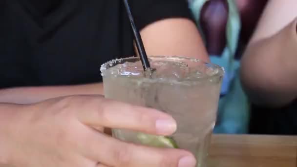 Close Woman Takes Sip Margarita — Stock Video