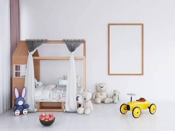 Çocuklar için yatak odası çerçevesi, fotoğraf modeli. 3 Boyutlu Hazırlama, 3 Boyutlu Resim.