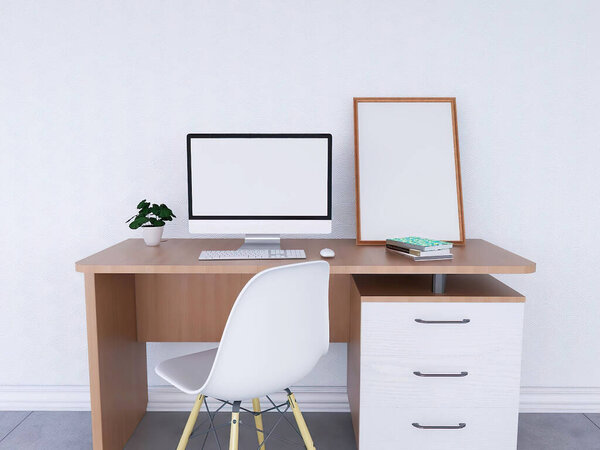 Computer and Photo Frame Mockup on the desk. 3D illustration, 3D Rendering.