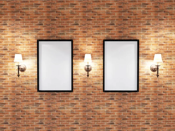 Tuğla Duvar 'da iki fotoğraf çerçevesi modeli. 3 Boyutlu Resim, 3 Boyutlu Hazırlama.