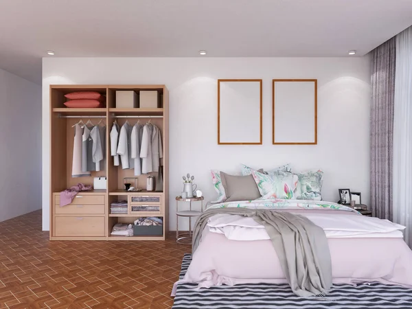 Yatak odası çerçeve fotoğraf modeli. 3 Boyutlu Hazırlama, 3 Boyutlu Resim.