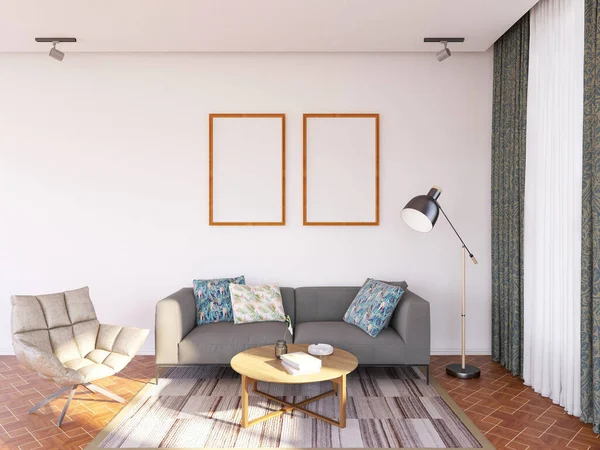 Interior Living Room Photo Frame Mockup Rendering Illustration — Stock Photo, Image