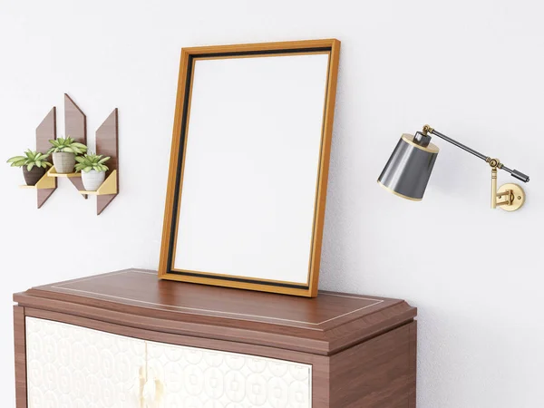 Masadaki Boş Fotoğraf Çerçevesi Modeli. 3 Boyutlu Hazırlama, 3 Boyutlu Resim.