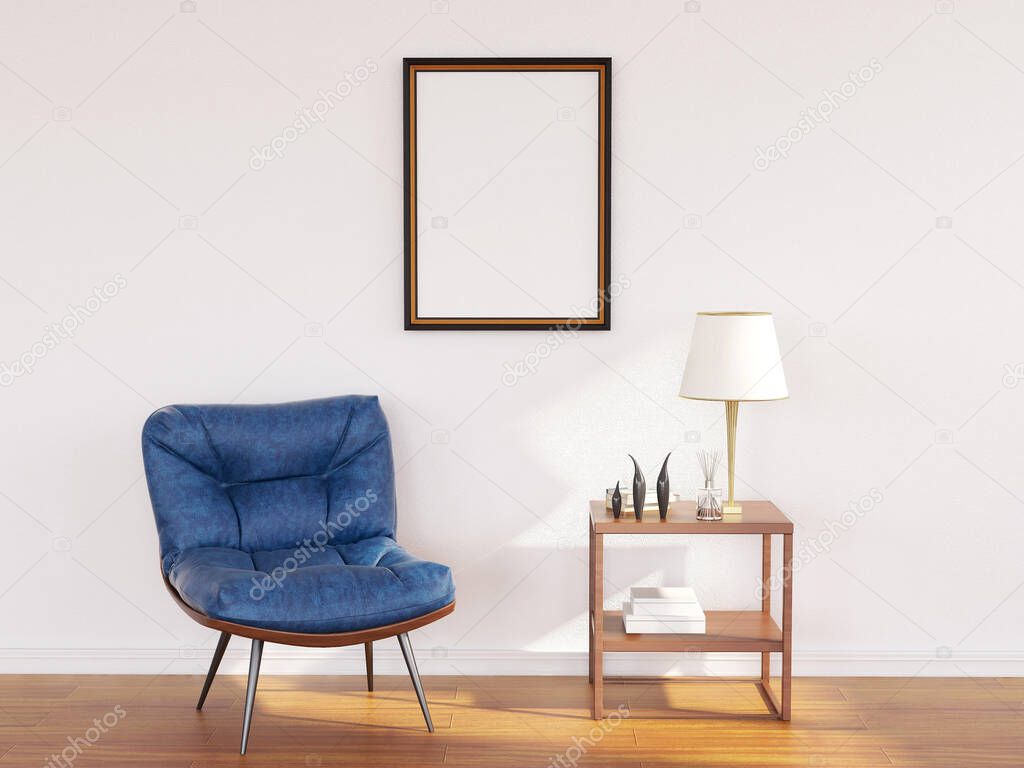 Interior Living Room Photo Frame Mockup. 3D Rendering, 3D illustration.