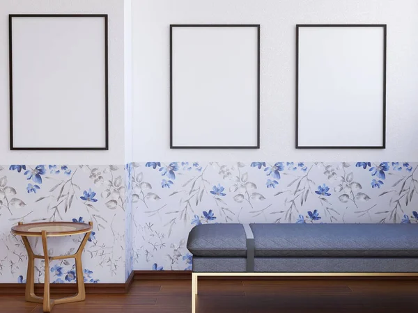 Sanat galerisindeki fotoğraf çerçevesi modeli. 3 Boyutlu Hazırlama, 3 Boyutlu Resim.