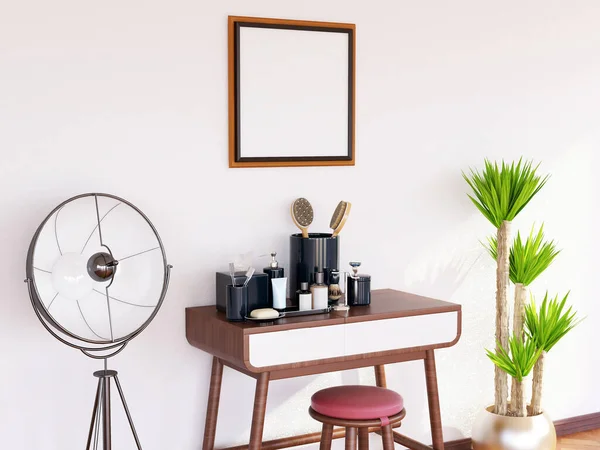 Makyaj masasındaki fotoğraf çerçevesi modeli. 3 Boyutlu Hazırlama, 3 Boyutlu Resim.
