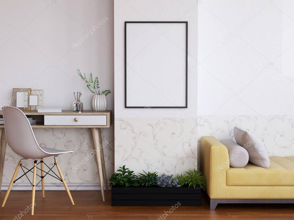 Interior Living Room Photo Frame Mockup. 3D Rendering, 3D illustration.