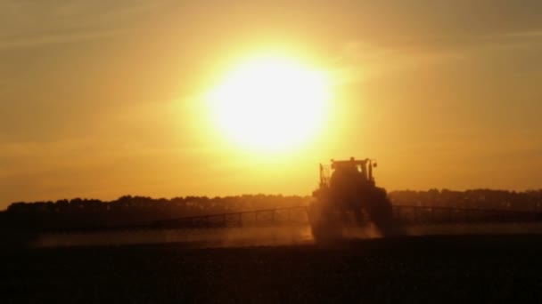 Traktor Versprüht Chemikalien Auf Einem Feld Bei Sonnenuntergang Düngemitteleinsatz Maisfeld — Stockvideo