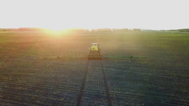 Shooting Drone Sprayer Field Sunset Top View Operating Tractor Sprayer — Stock Video