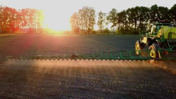 Tir Partir Pulvérisateur Drone Dans Champ Coucher Soleil Vue Dessus — Video