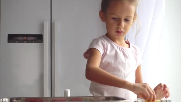 Retrato Una Niña Que Ayuda Madre Cocina Hija Ayuda Mamá — Vídeo de stock
