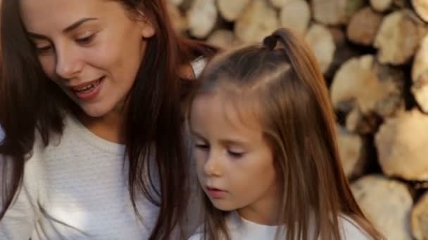 Anne Kızı Kabarcıklar Yığılmış Yakacak Odun Çerçevede Üfleme Vardır Üst — Stok video