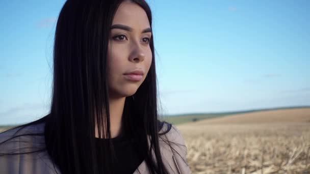 Retrato Una Hermosa Chica Naturaleza Cara Mujer Cerca Campo Atardecer — Vídeos de Stock