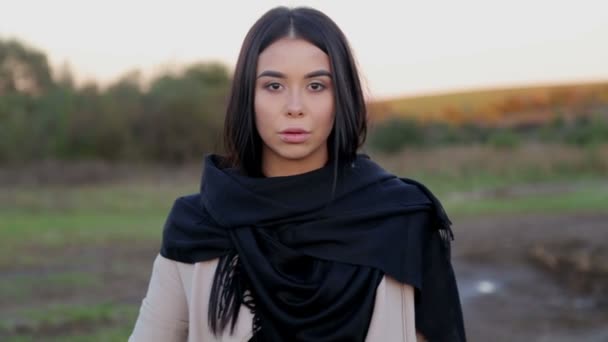 Porträtt Vacker Flicka Naturen Kvinnans Ansikte Nära Håll Ett Fält — Stockvideo
