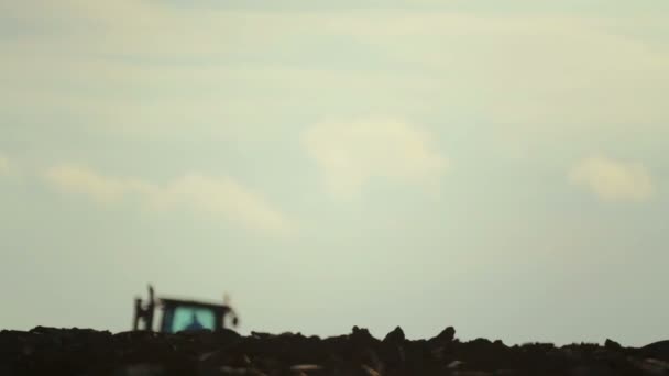 Der Traktor Pflügt Bei Sonnenuntergang Ein Feld Landwirtschaftliche Feldbearbeitung Mit — Stockvideo