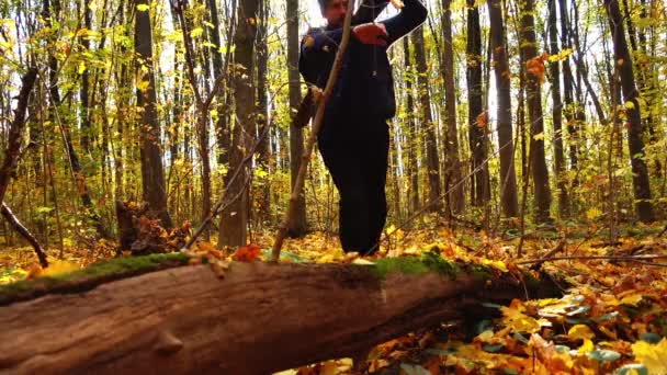 Uomo Barbuto Autunno Nel Bosco Con Ascia Ritratto Uomo Con — Video Stock