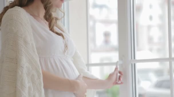 一个美丽的孕妇在家里舒适的肖像 怀孕的妇女在家庭内部 — 图库视频影像