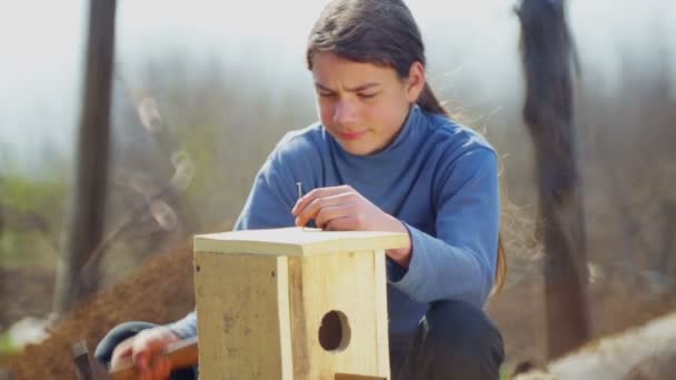 鳥のための鳥小屋を持つ十代の少年 子供がバードハウスを作って設置する — ストック動画