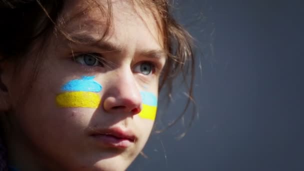 Portret Van Een Jongen Met Oekraïense Vlag Het Gezicht Van — Stockvideo