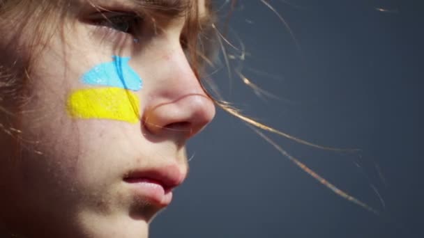一个男孩的肖像 脸上有乌克兰国旗的人体彩绘 一个儿童的脸特写与乌克兰国旗的图案 — 图库视频影像