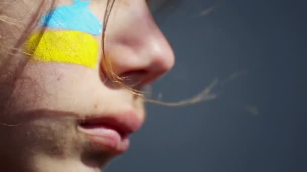 Retrato Niño Con Bandera Ucraniana Cara Pintura Corporal Cara Niño — Vídeo de stock