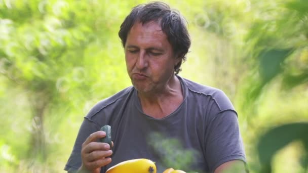 Fermier Avec Panier Légumes Frais Homme Mange Des Légumes Frais — Video