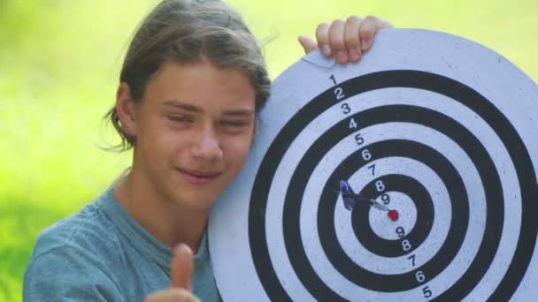 Portrait Teenager Boy Playing Darts Boy Plays Outdoor Darts Game — Stock Video