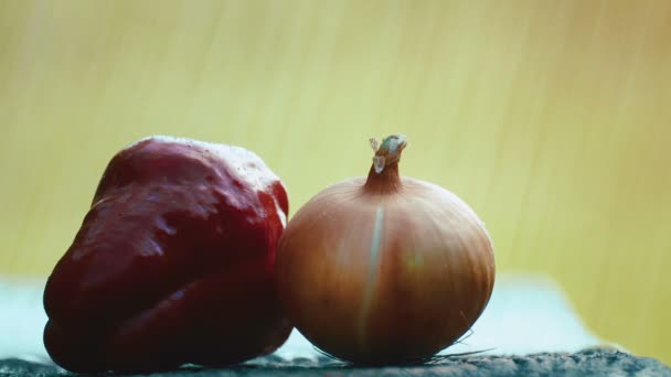 Composición Del Pimiento Cebolla Sobre Mesa Bajo Las Gotas Lluvia — Vídeos de Stock