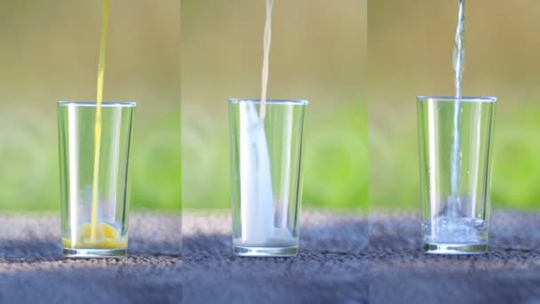 Colagem Bebidas Com Suco Leite Água Limpa — Vídeo de Stock