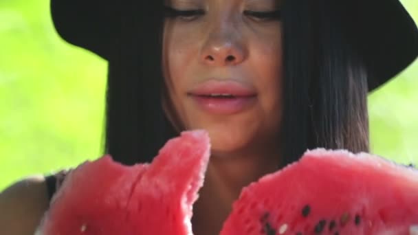 Portrait Young Girl Watermelon Her Hands Outdoors — Stock Video