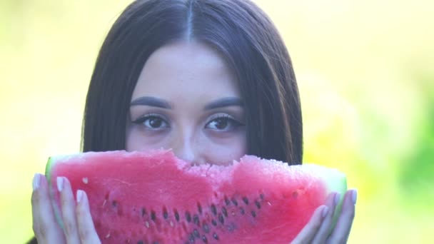 Portrait Young Girl Watermelon Her Hands Outdoors — Stock Video