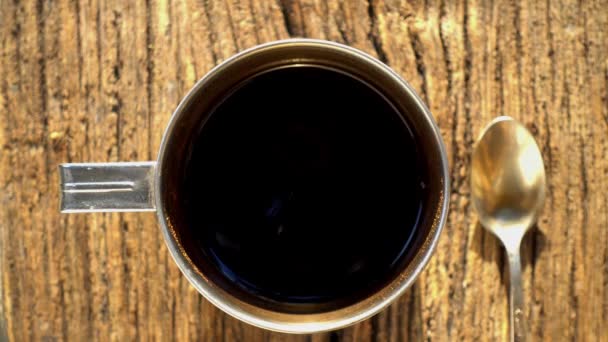 Cup Coffee Top View Cup Coffee Standing Textured Old Board — Stock Video