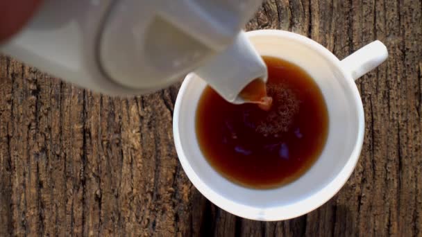 Cup Coffee Top View Cup Coffee Standing Textured Old Board — Stock Video