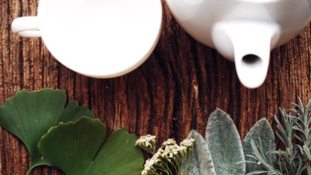 茶成分与香料和天然草药 一杯茶在一个纹理的桌子上与肉桂和星形 — 图库视频影像