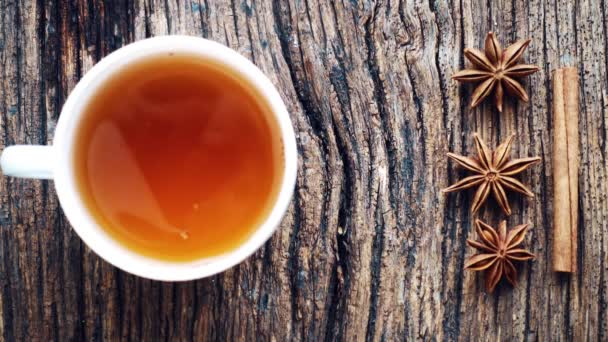 Tea Composition Spices Natural Herbs Mug Tea Textured Table Cinnamon — Stock Video
