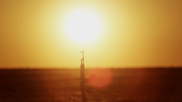 Гвинтівка Калашникова Пустелі Після Битви Гвинтівка Калашникова Заході Сонця Пустелі — стокове відео