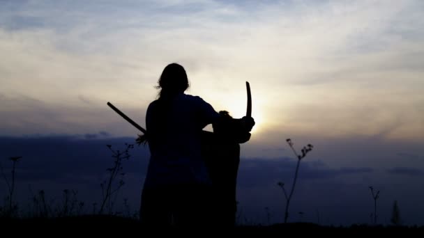 男孩子们用武士训练的剑击剑击剑 带着剑在田野里锻炼孩子的轮廓 — 图库视频影像