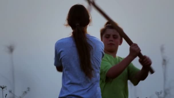 Adolescentes Esgrima Com Samurais Treinar Espadas Silhueta Exercitar Crianças Campo — Vídeo de Stock
