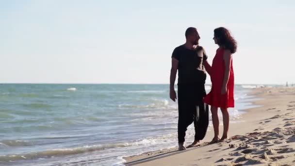 Homme Une Femme Tiennent Près Mer Jeune Couple Marchent Long — Video