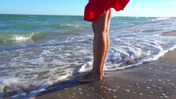 Jonge Vrouw Een Rode Jurk Met Naakte Benen Zee — Stockvideo