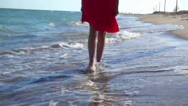 Junge Frau Rotem Kleid Mit Nackten Beinen Meer — Stockvideo