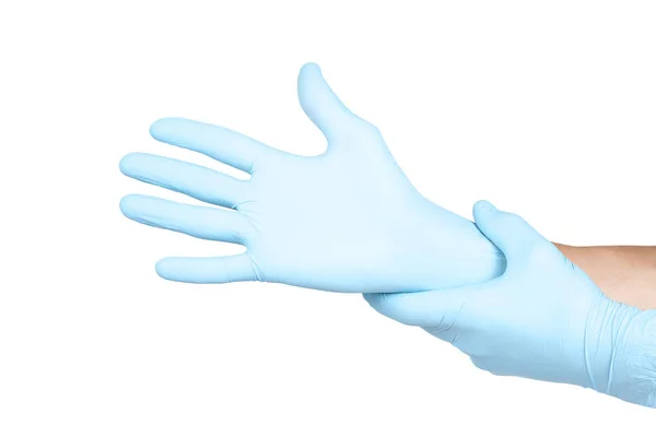 Ręce Lekarza Niebieskich Rękawiczkach Lateksowych Białym Tle — Zdjęcie stockowe
