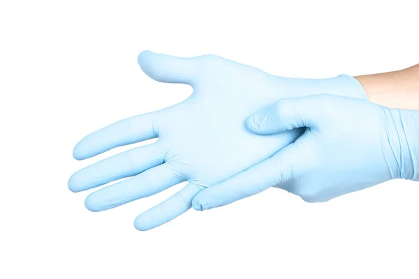 Χέρια Ενός Γιατρού Μπλε Γάντια Λάτεξ Λευκό Φόντο — Φωτογραφία Αρχείου