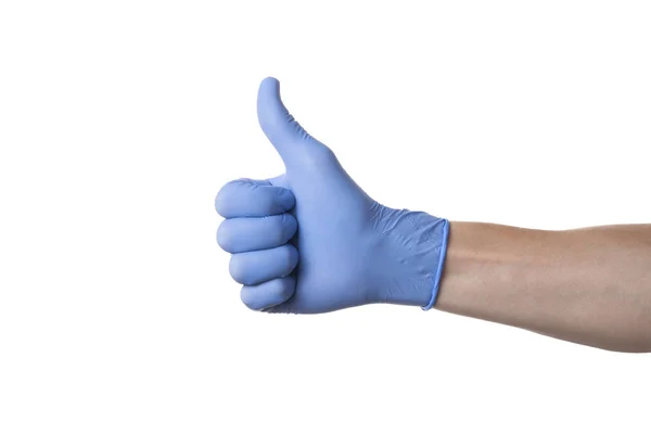 Daumen Hoch Hand Mit Blauem Medizinhandschuh Auf Weißem Hintergrund Die — Stockfoto